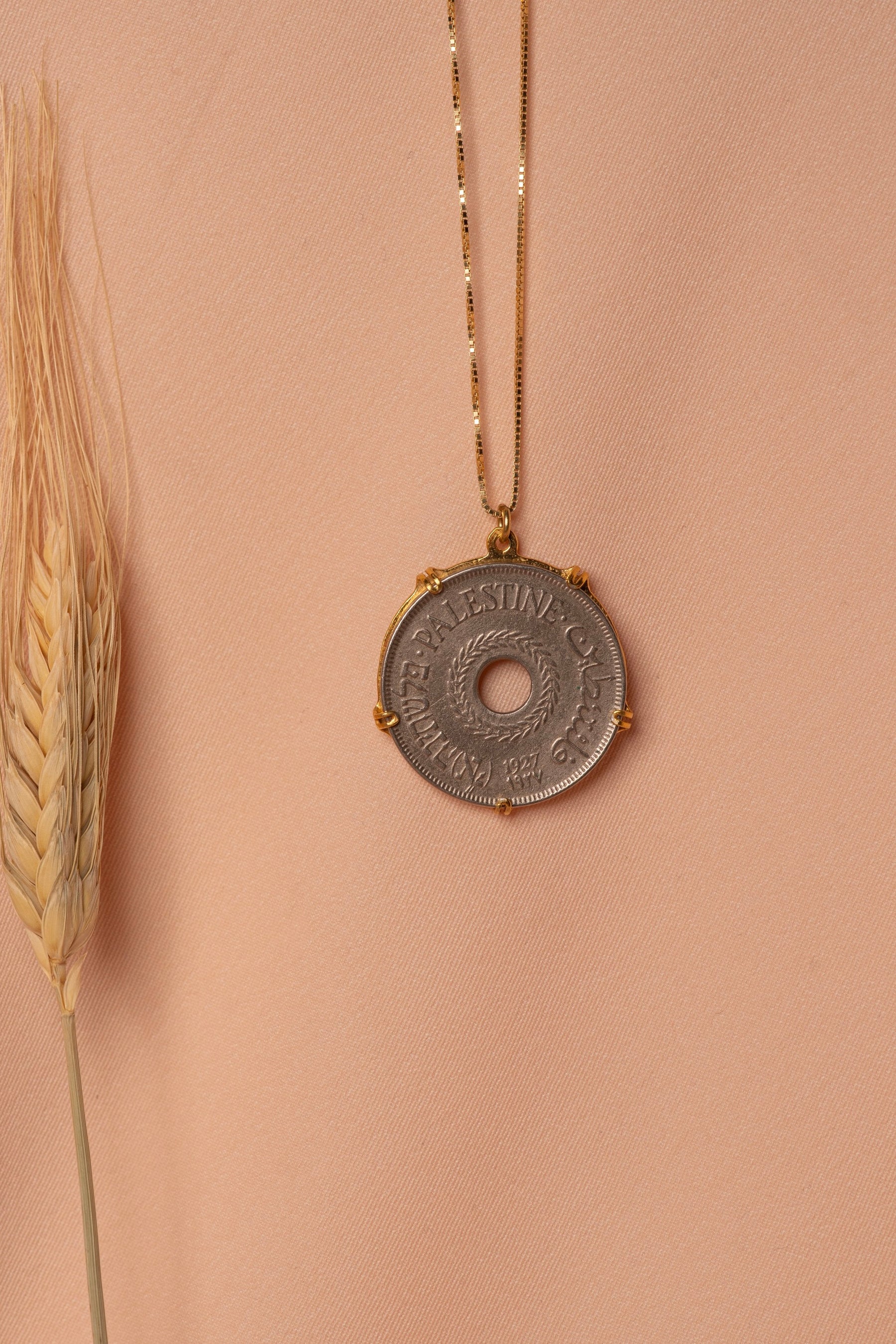 Palestinian coin 20 mil crown frame necklace