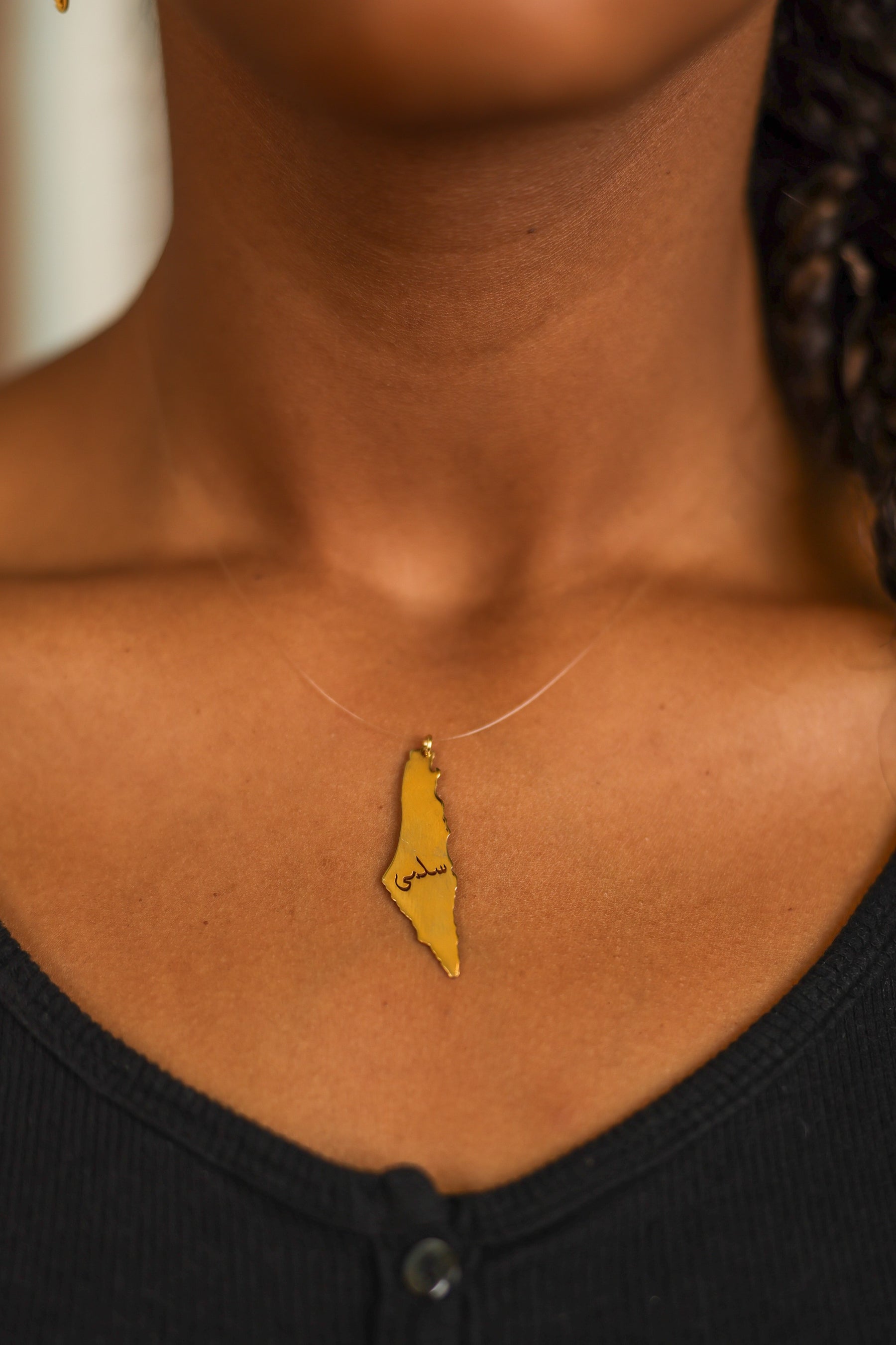Palestine map with custom name necklace with transparent chain