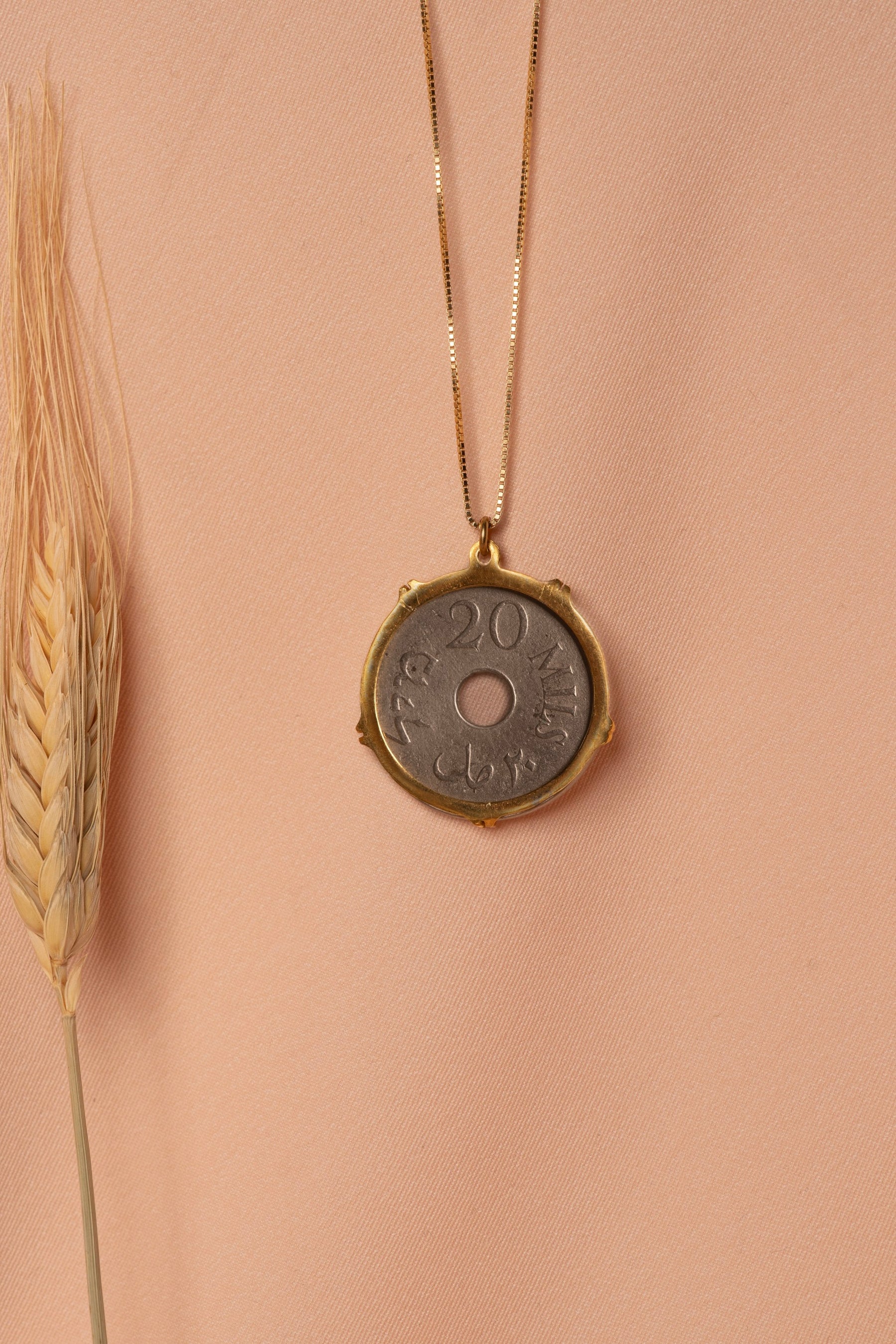 Palestinian coin 20 mil crown frame necklace