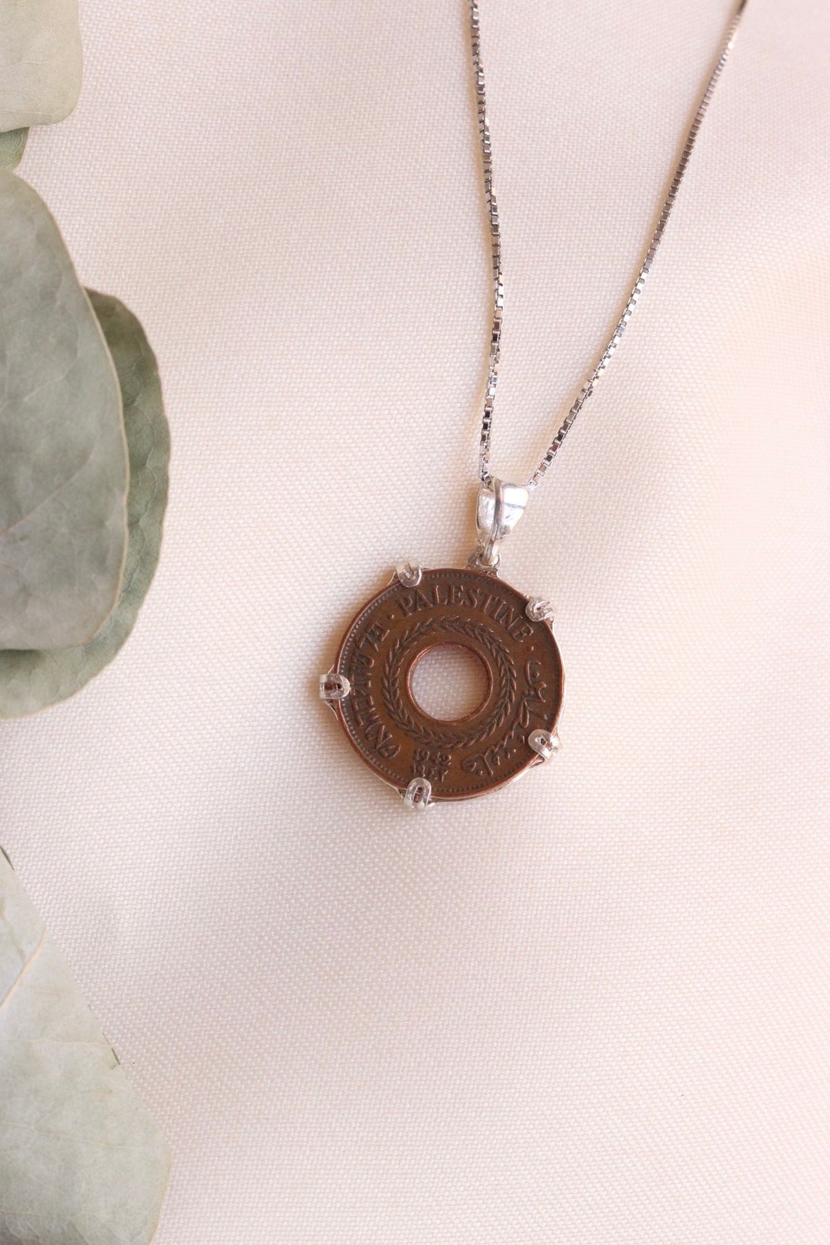 Palestinian coin 5 mil bronze  crown frame necklace