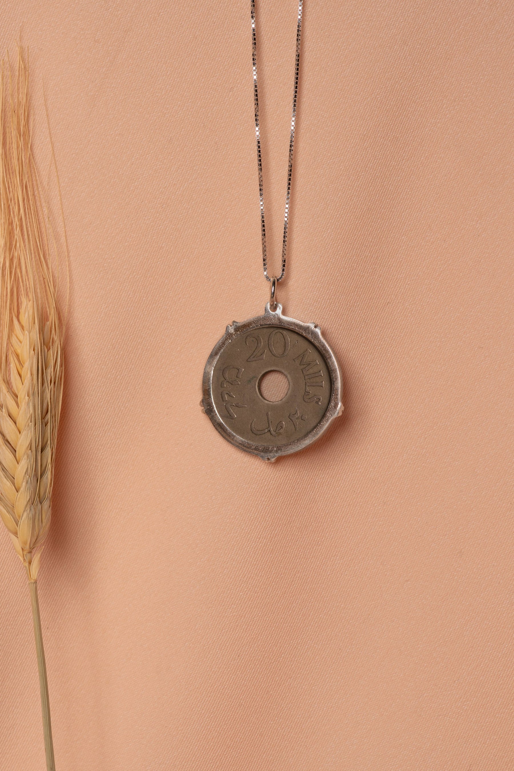 Palestinian coin 20 mil crown frame necklace