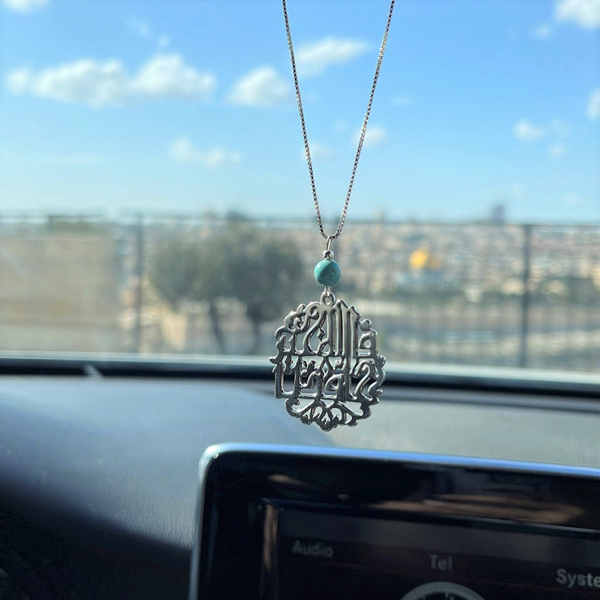Car mirror chain with a verse from "ุณูุฑุฉ ููุณู" with turquoise stone