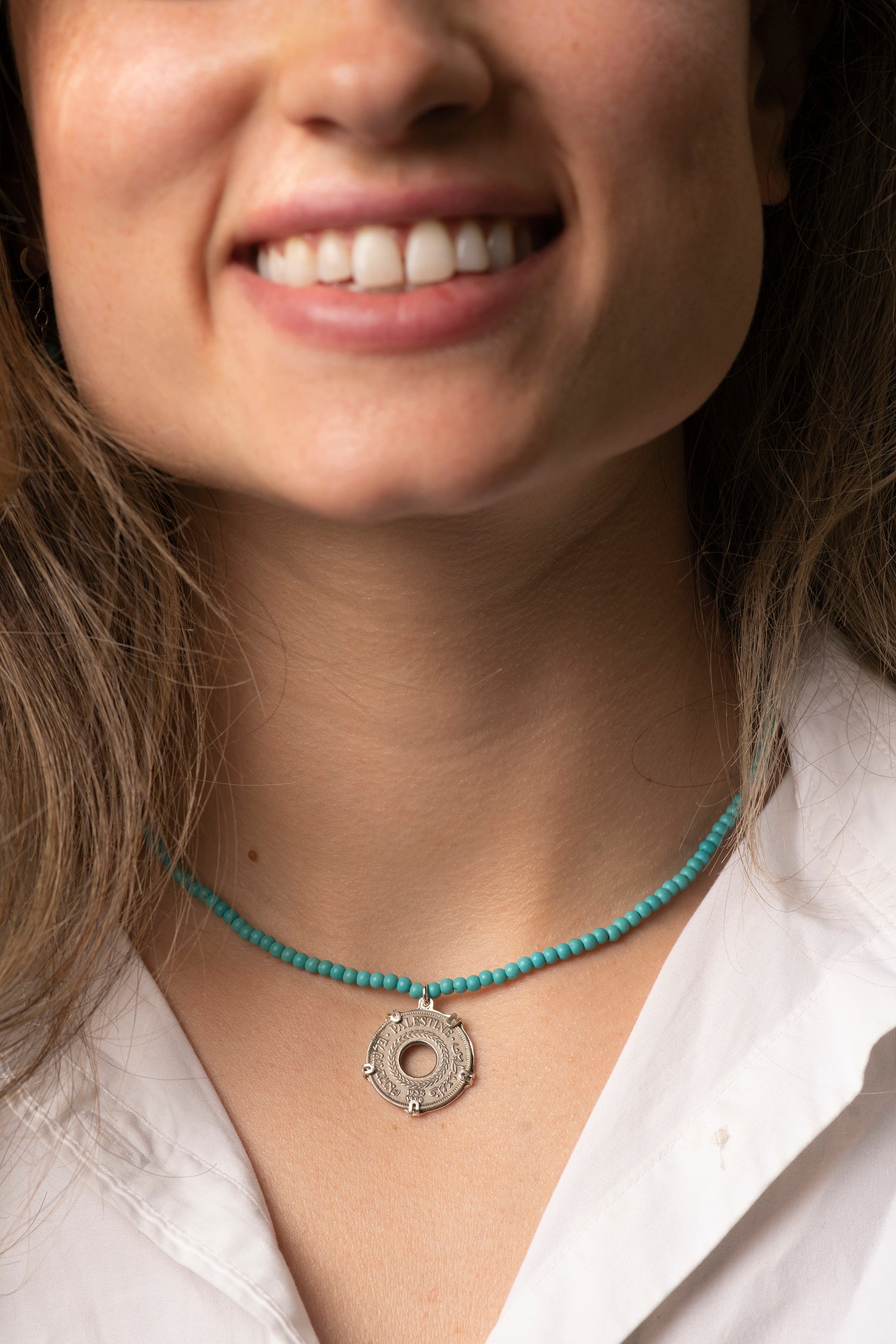 Palestinian coin 5 mil silver crown frame necklace with turquoise stones