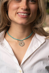 Palestinian coin 10 mil crown frame necklace with turquoise stones