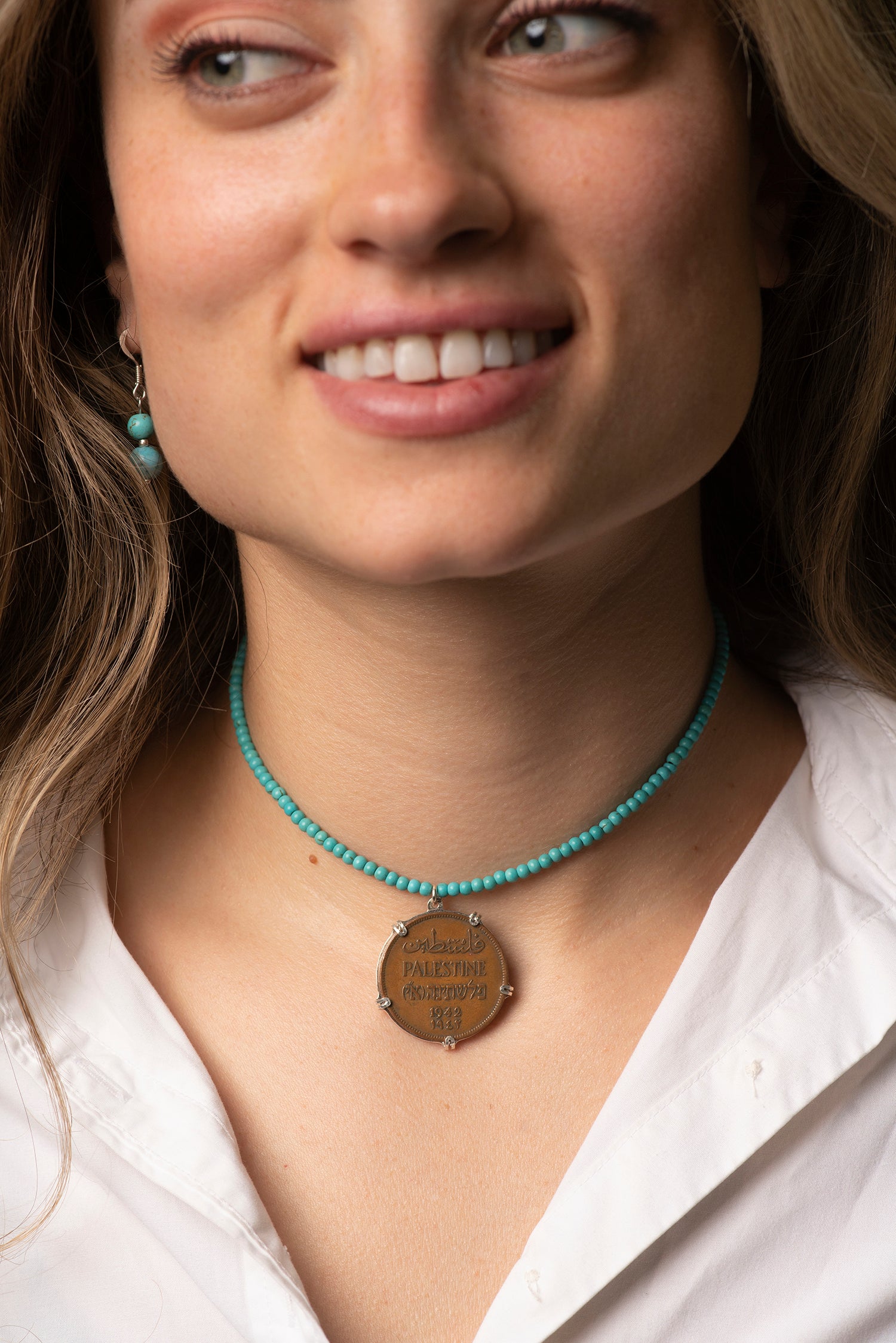 Palestinian coin 2 mil crown frame necklace with turquoise stones