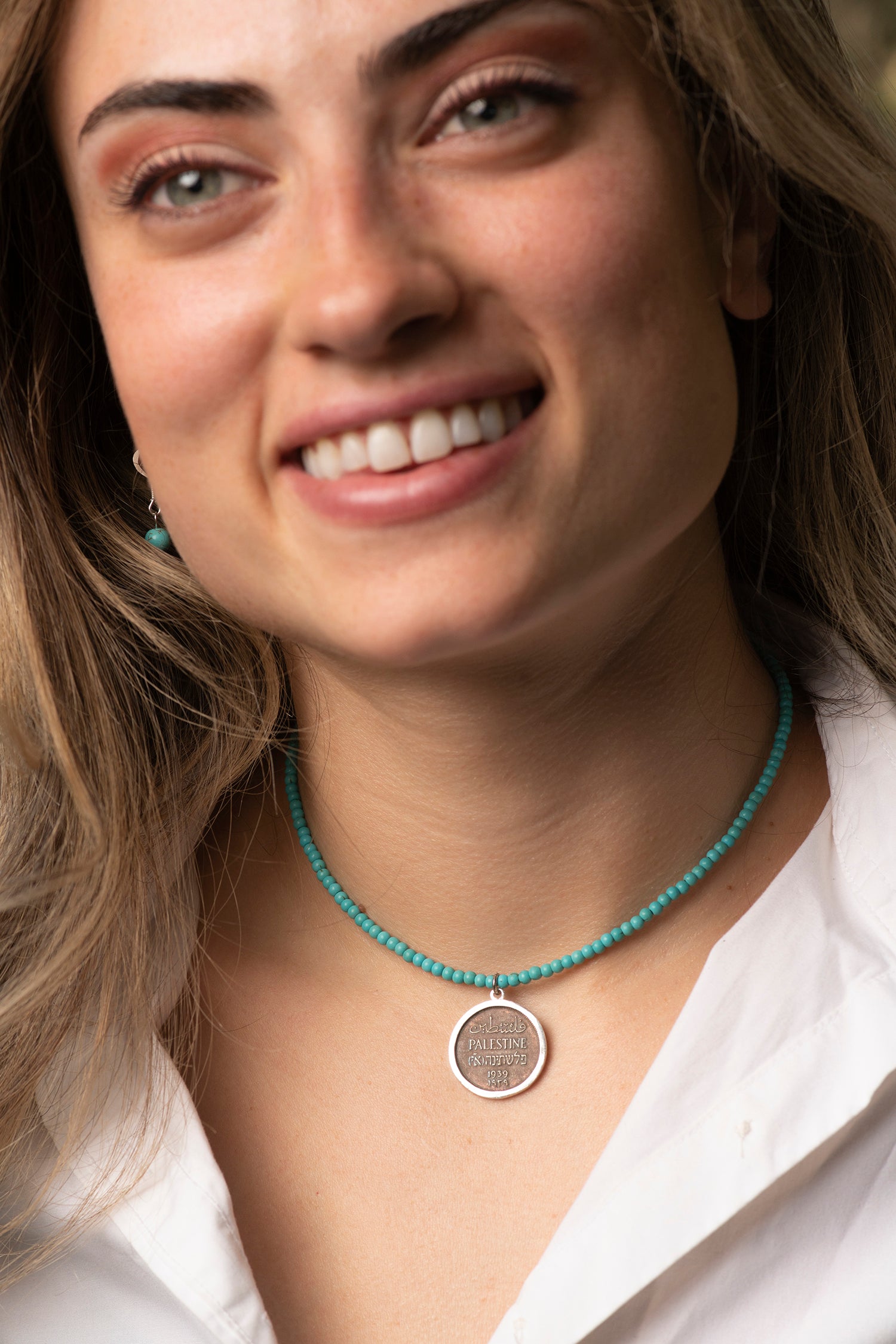 Palestinian coin 1 mil simple frame necklace with turquoise stones