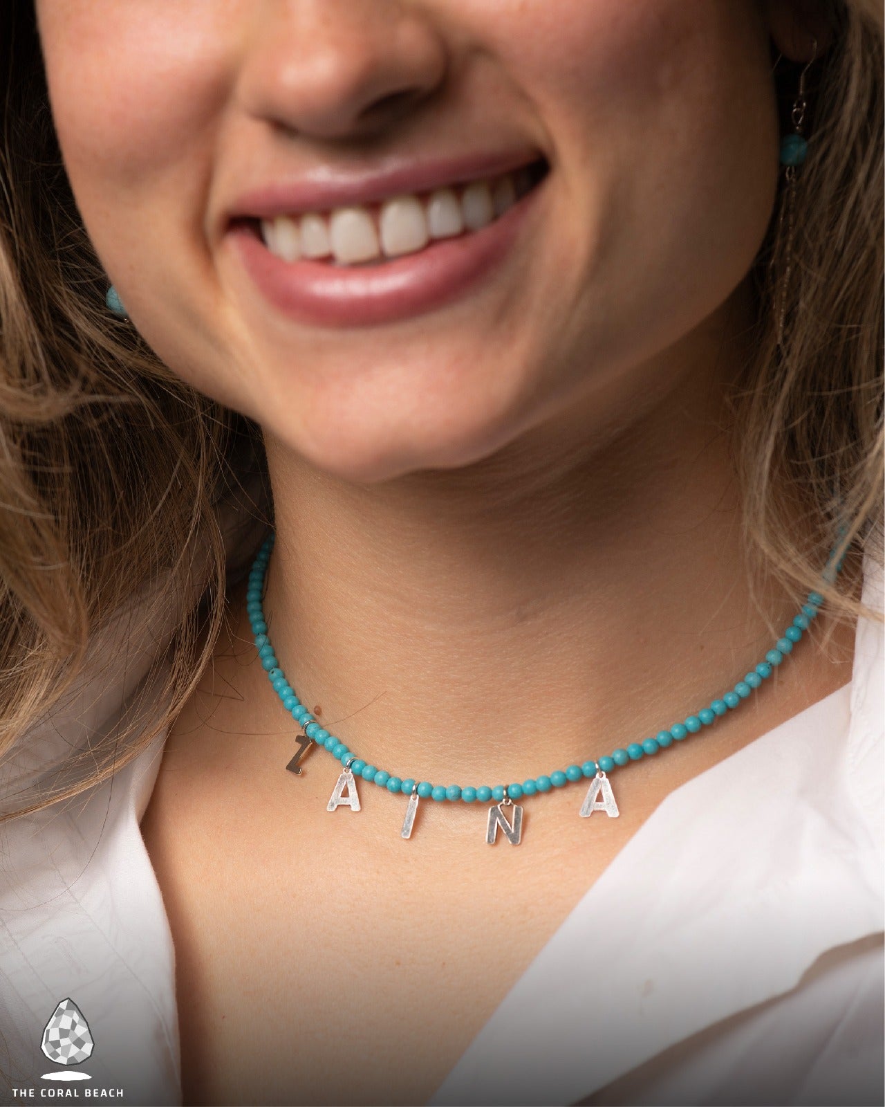 Custom English name letters necklace with turquoise stones