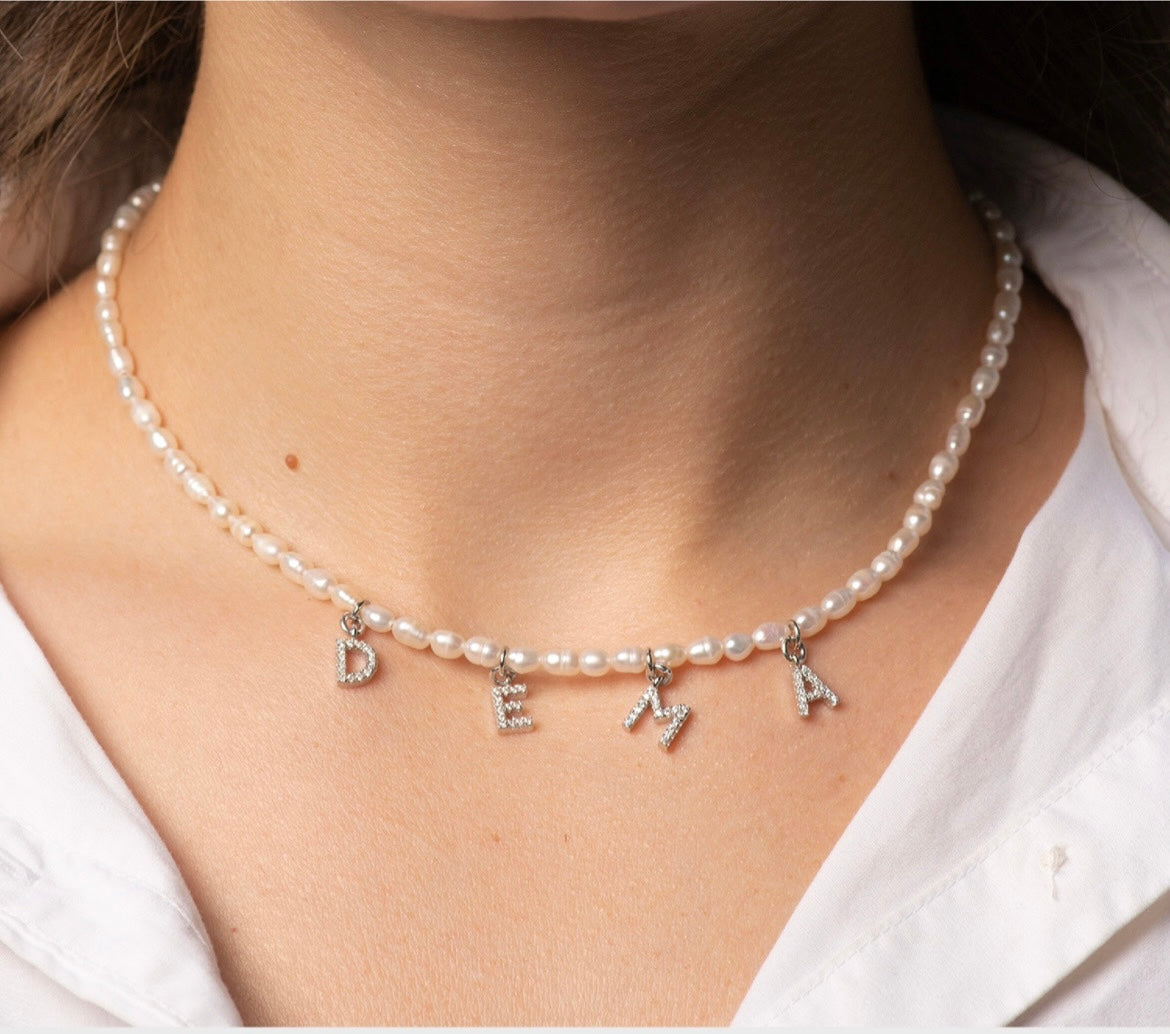 Custom English Cubic Zirconia Name Letters Necklace with pearl
