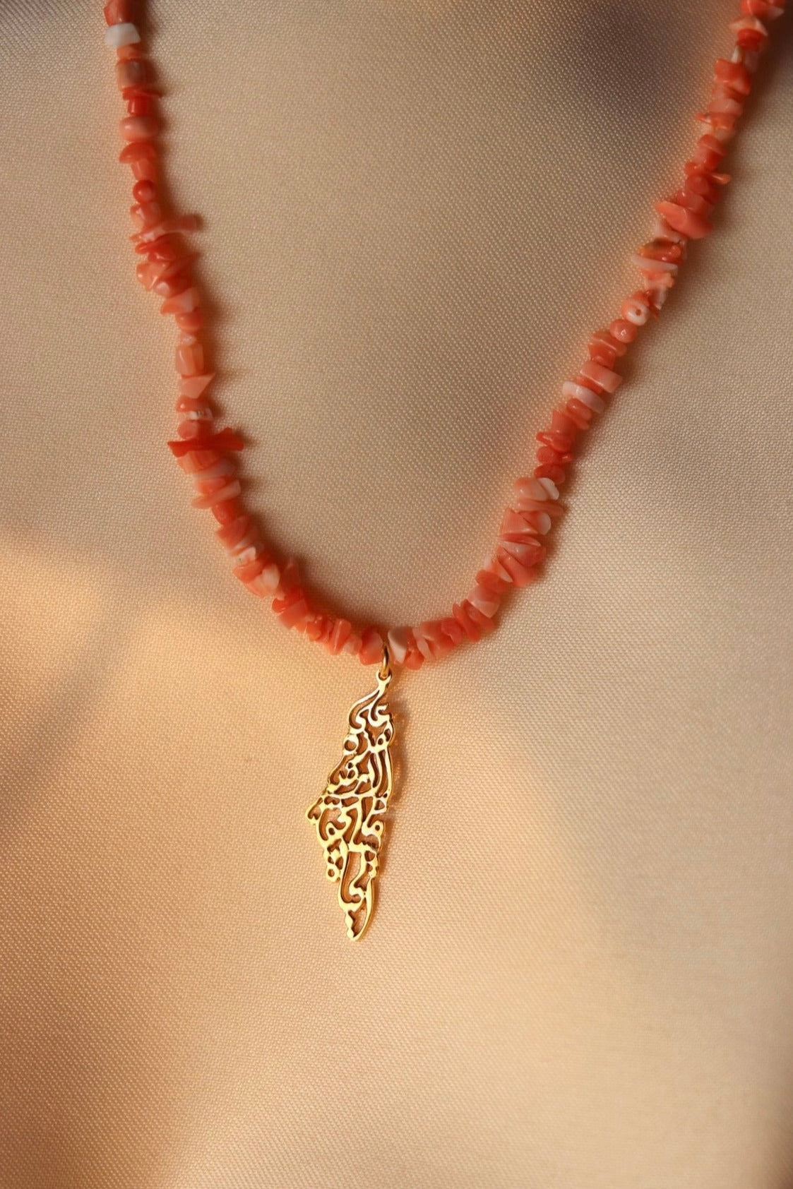 Palestine map with Palestinian famous poem written inside choker necklace with coral stones