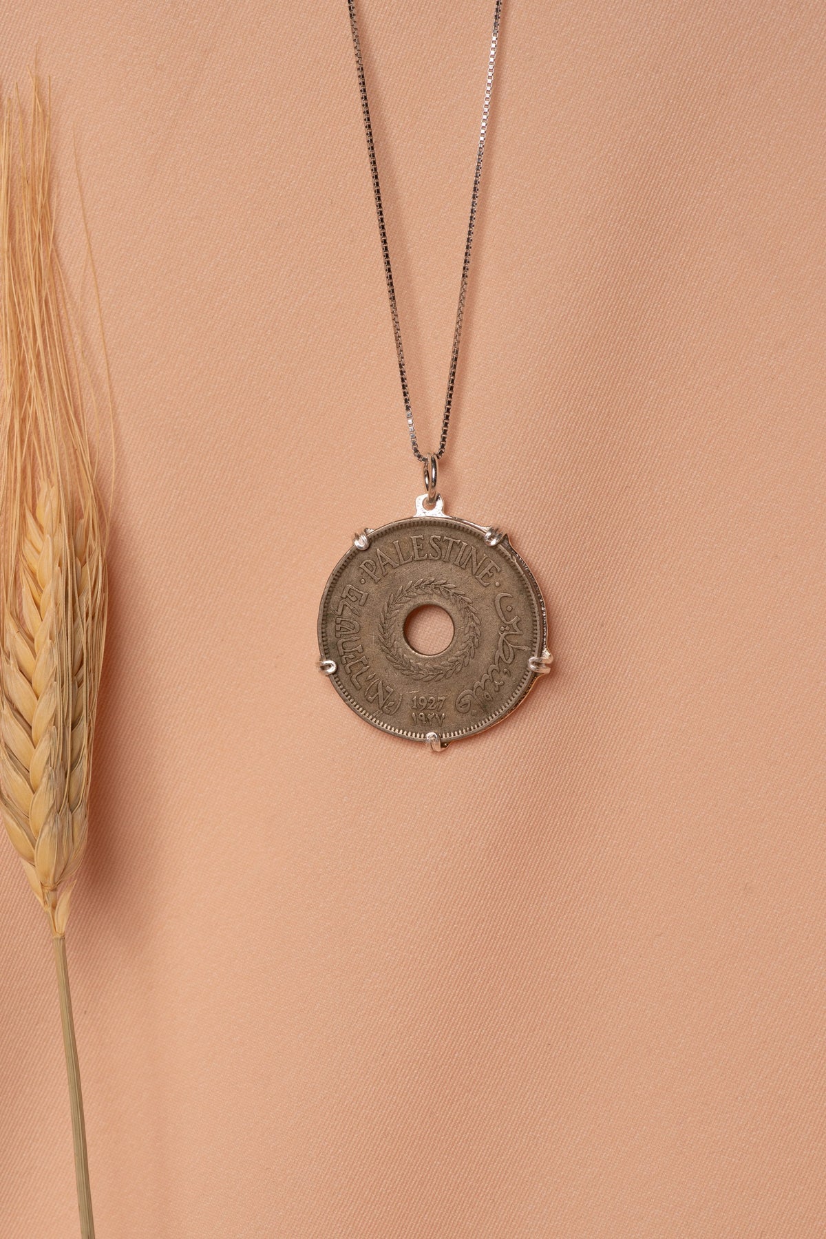 Palestinian coin 20 mil crown frame necklace
