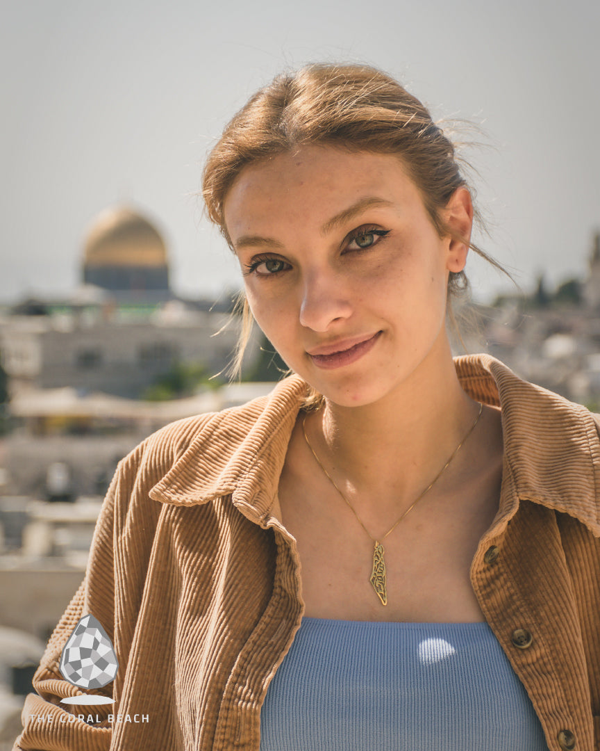 Palestine map with olive leaves pattern necklace