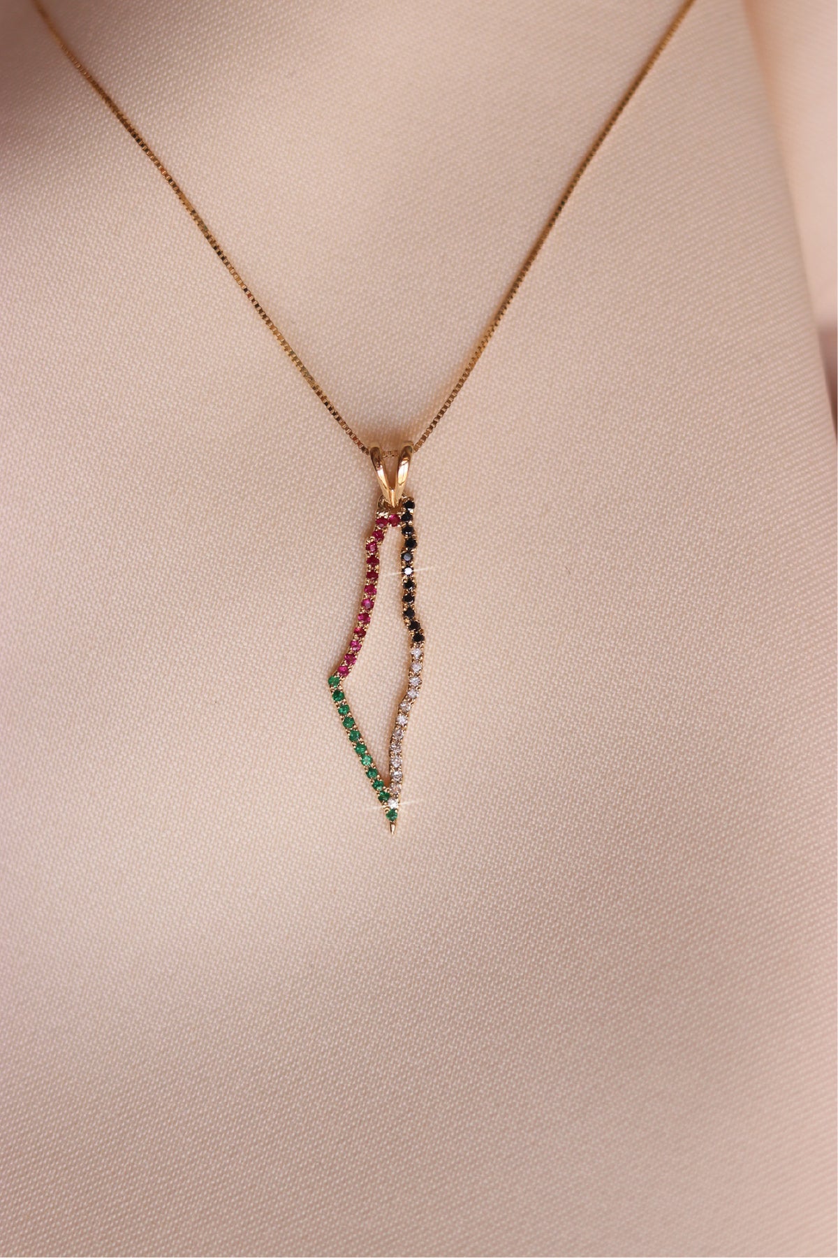 Palestine flag themed gold map frame with diamonds necklace