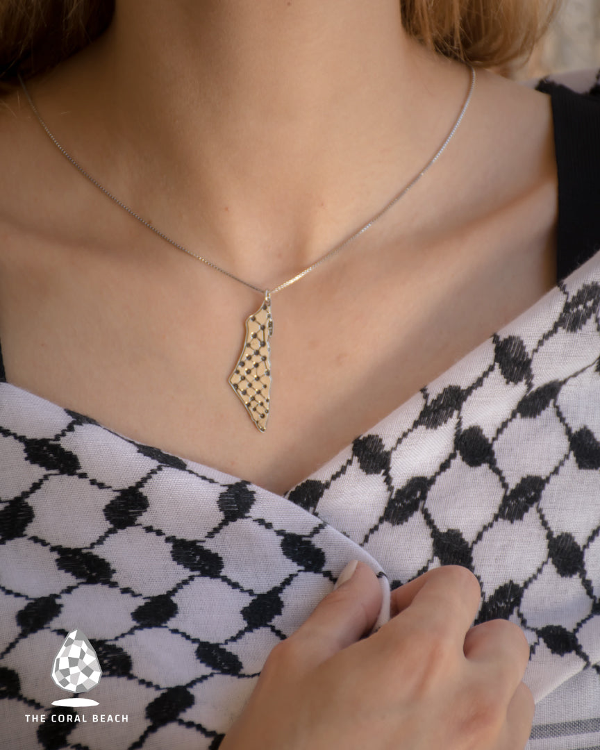 Palestine map with Hatta pattern engraved inside necklace