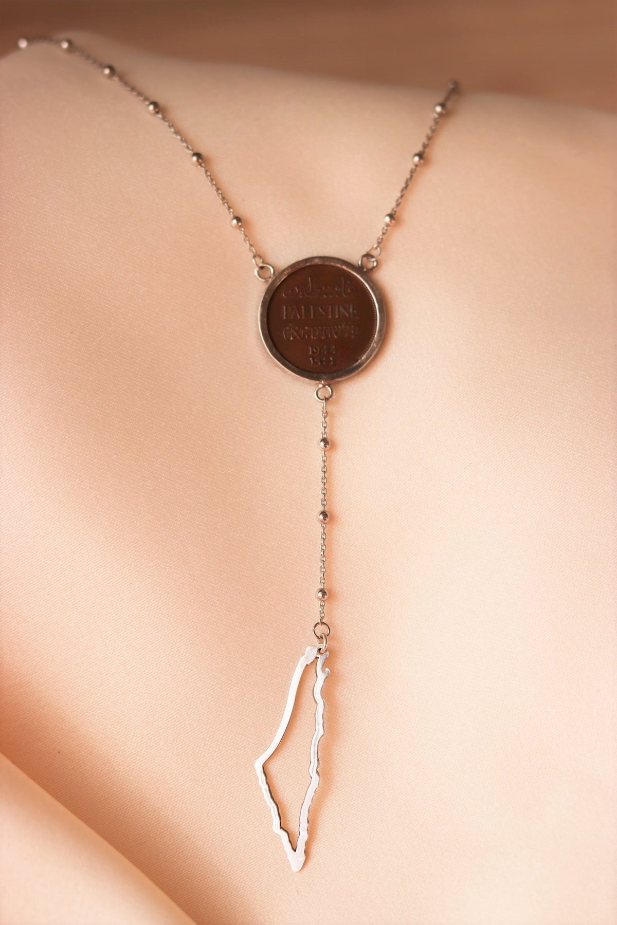 Palestinian coin 1 mil with Palestine map frame necklace