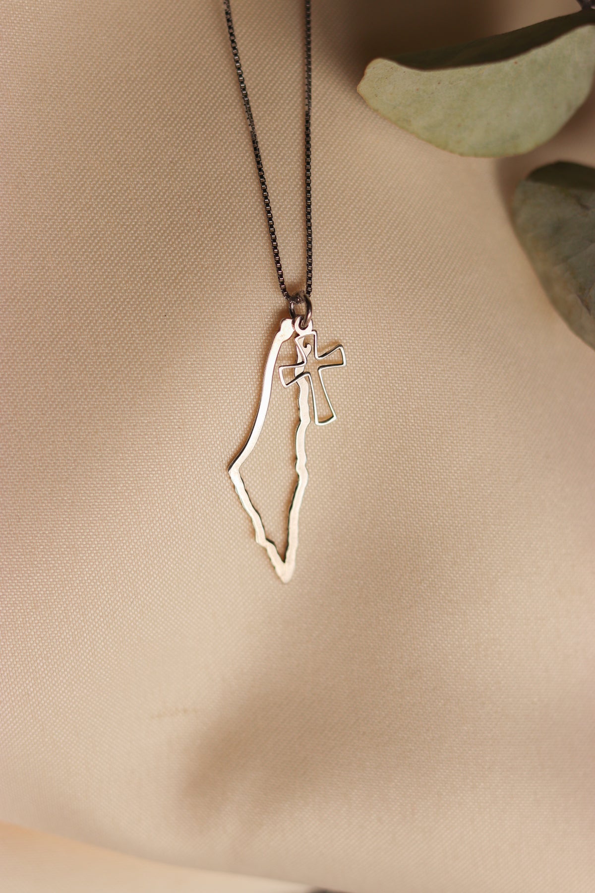 Palestine map with small cross necklace