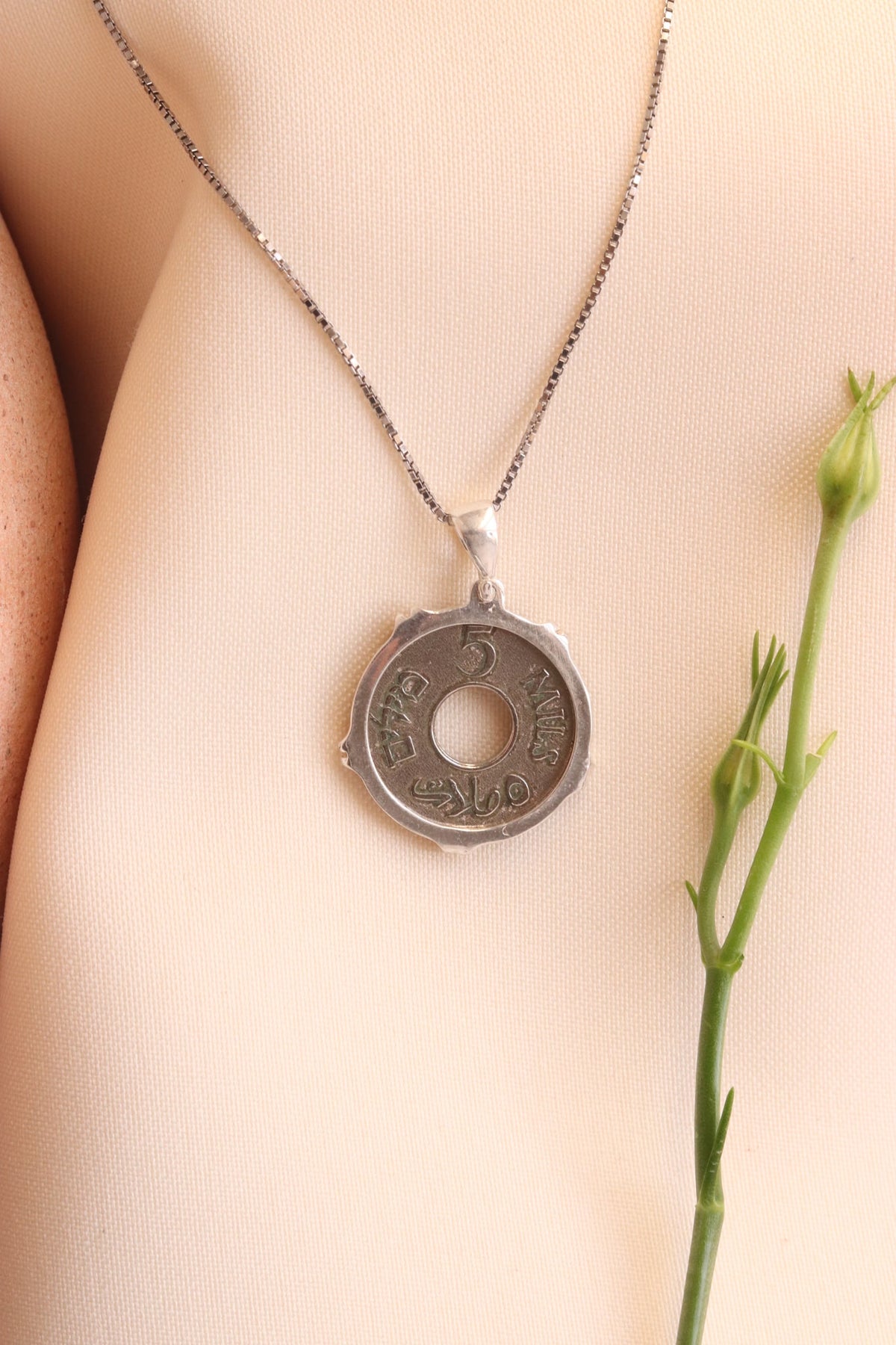Palestinian coin 5 mil silver crown frame necklace